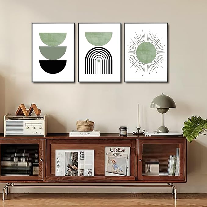 Black Frame Boho Abstract Geometric Wall Art Mid Century Canvas Wall decor Sun and Moon Paintings Prints Green Minimalist Art for Living Room Bedroom Office Decor( 12 x 16 in Black Alloy Framed)