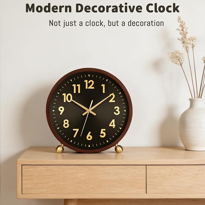 Maxspace Wooden Table Clock,8in Silent Non-Ticking Desk Clockwith Gold Ball Base, Battery Operated Desktop Analog Clock for Living Room Office Bedroom Decor (Black Gold - Walnut, Copper Ball Base)