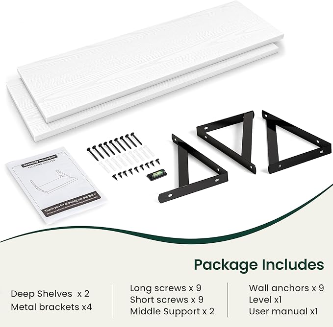 Floating Shelves, 12 Inch Deep Rustic Wood Wall Storage, 48W x 12D Wall Shelves Set of 2, Heavy Duty Metal Brackets, Large Industrial Book Shelf for Living Room, Kitchen, Bedroom, White