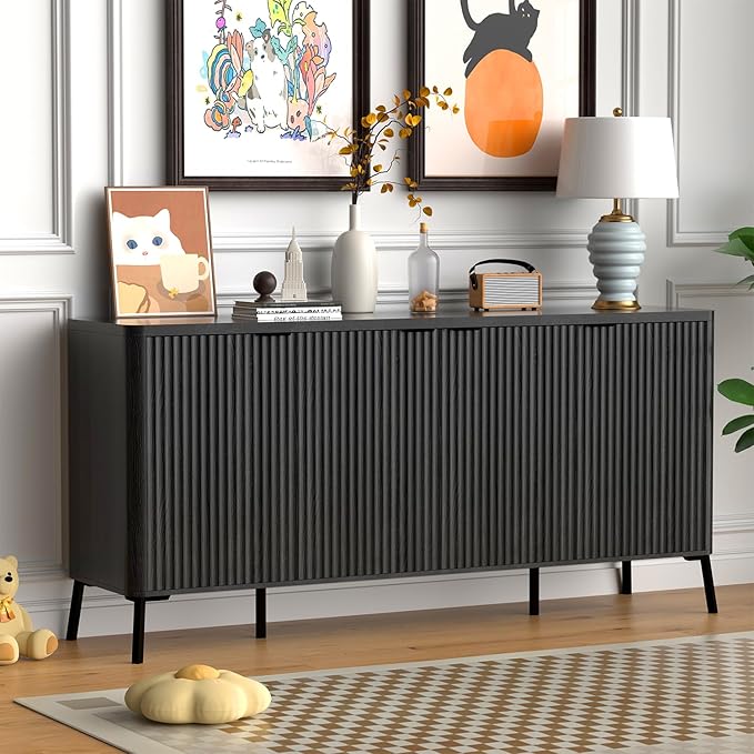 Buffet Cabinet, 63" Large Sideboard Buffet Cabinet with Storage, Modern Fluted Sideboard with 4 Doors, Wood Credenza Coffee Bar Storage Cabinet, for Living Room, Kitchen, Hallway, Black