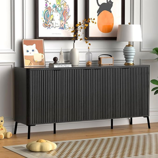 Buffet Cabinet, 63" Large Sideboard Buffet Cabinet with Storage, Modern Fluted Sideboard with 4 Doors, Wood Credenza Coffee Bar Storage Cabinet, for Living Room, Kitchen, Hallway, Black