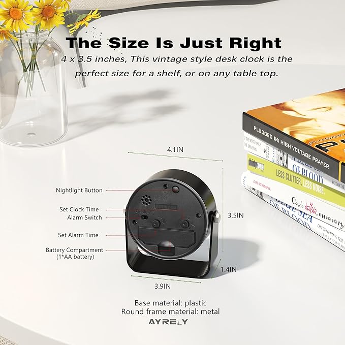 AYRELY® 3.5 Inch Small Analog Alarm Clocks,Battery Operated Desk Clock,Cute Table Clock with Light，Adjustable Angle for Travel,Bedside,Bedroom,Kids,Living Room Decor(Black)
