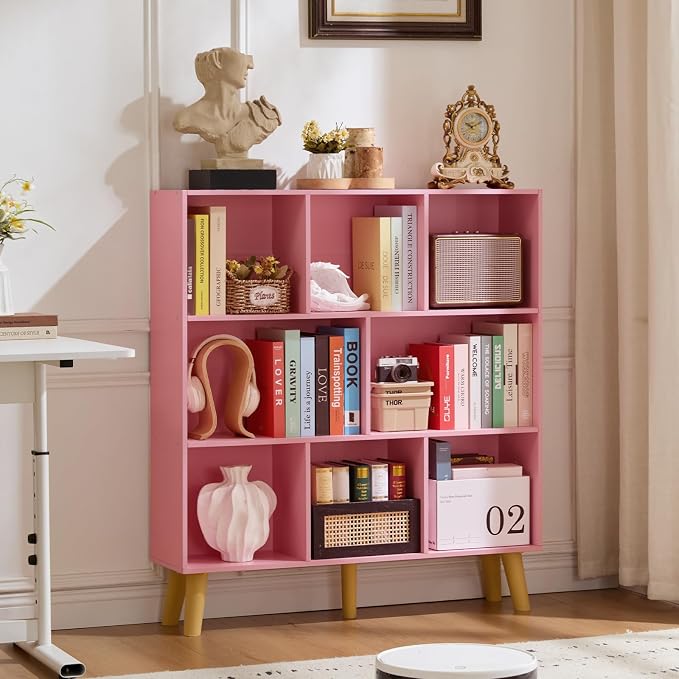 LEYAOYAO 8 Cube Bookshelf,3 Tier Bookcase with Legs,Light Pink Mid-Century Modern Bookshelves,Large Open Storage Organizer Shelf, Wooden Book Case