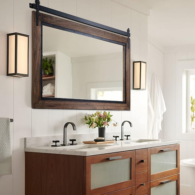 YOSHOOT Farmhouse Barn Door Mirror, 48"x30" Rustic Bathroom Mirror, Wood Frame Wall Mirror, Wooden Mirror for Living Room Bedroom Entryway Wall Décor, Horizontal Hanging ONLY