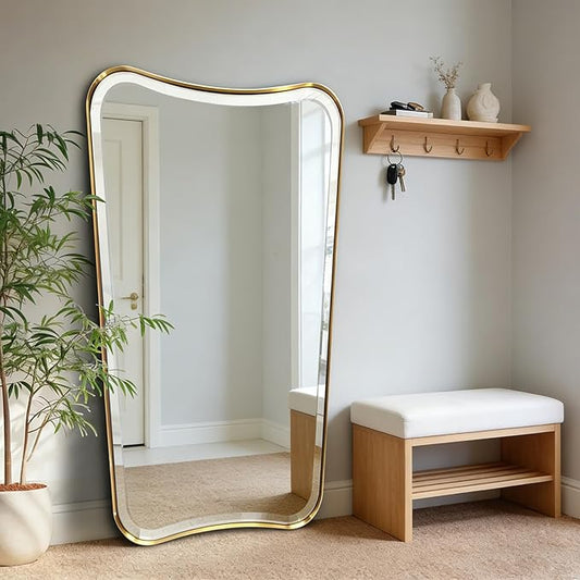 POZINO Brushed Gold Beveled Mirror, 30"x48" Vanity Mirror for Over Sink, Large Rectangle Floor Mirrors for Dressing, Irregular Shaped Wall Mirrors for Living Room Bathroom Bedroom Hallway Entryway