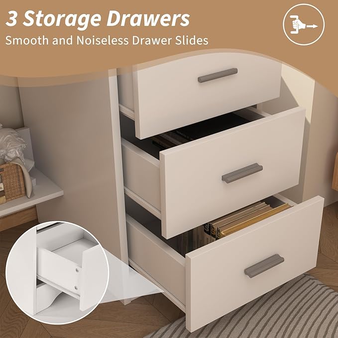 MaverickFurni White Desk with Drawers, 47 Inch Computer Desk with 3 Drawers for Bedroom, Study Desk with Drawers for Small Spaces, Bottom Shelves
