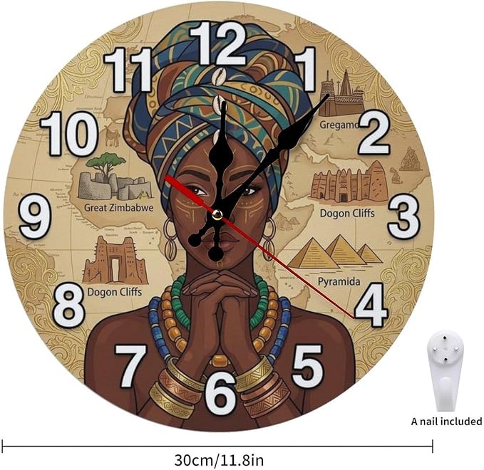 African Woman Art Wooden Wall Clock Silent Non-Ticking Battery Operated for Global Inspired Home Decor Kitchen Office Bedroom 10 12 Inch Round Frameless