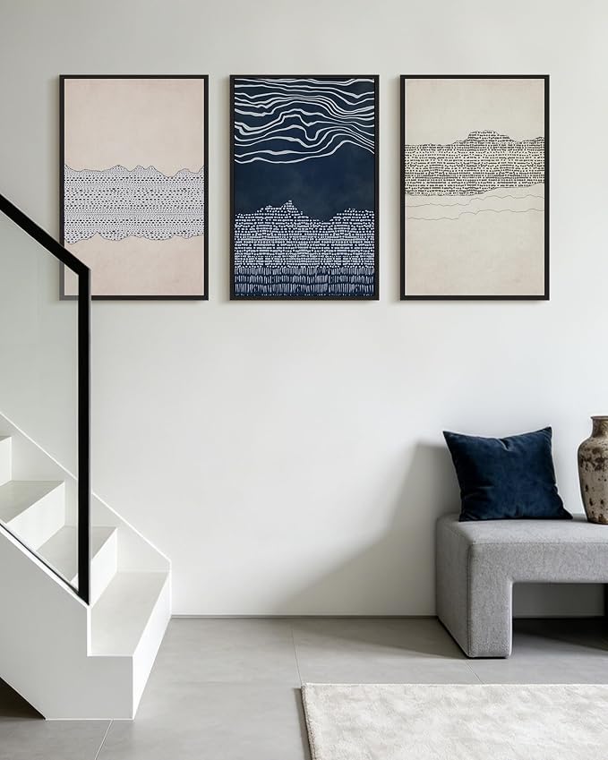 KUVIOKE Navy Blue Abstract Framed Wall Art Modern Neutral Minimalist Wooden Pastel Boho Wall Decor Farmhouse Rustic Art Painting Home Decor 16x24in (Black Framed)