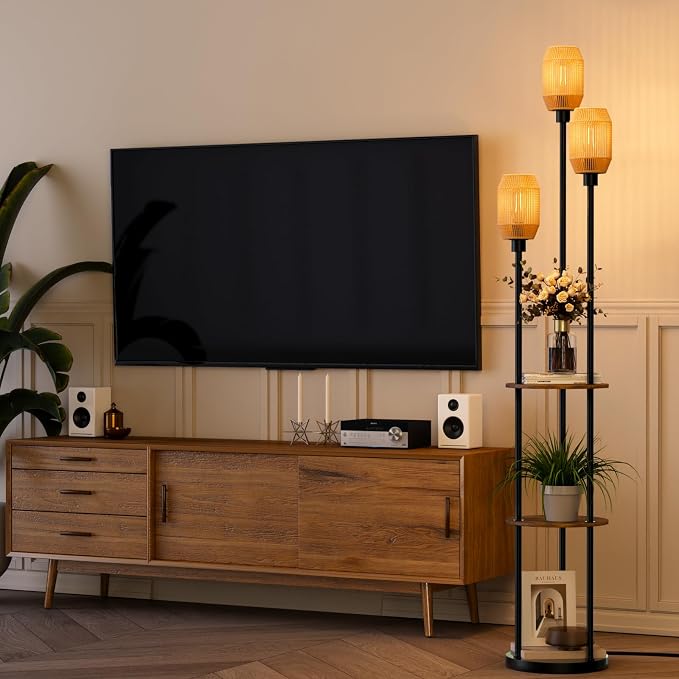 Floor Lamp with Shelves, Rustic Floor Lamp with Shades, 3 Light Standing Lamp with Table, 71" Tall Shelf Lamp with 3 Bulbs, Foot Switch, Corner Lamps for Living room, Bedroom (Black-Rattan)