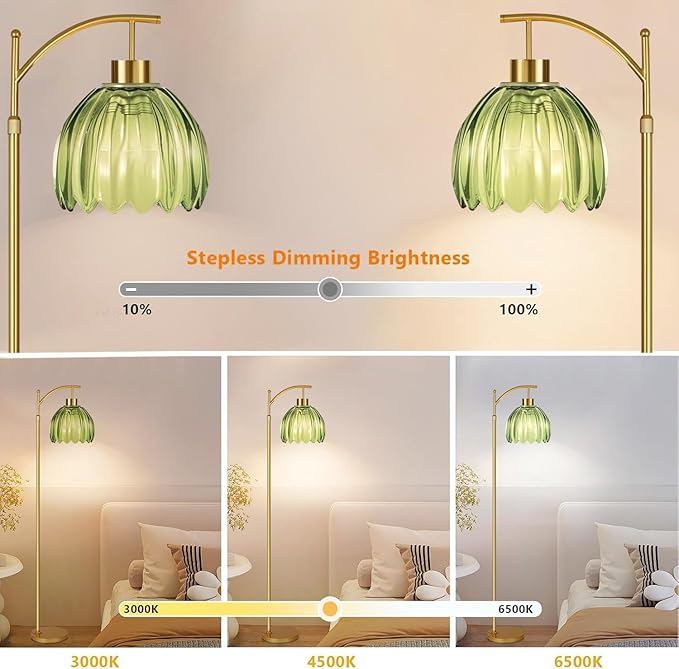 Glass Floor Lamp for Living Room,Bedroom,Gold Mid Century Modern Standing Lamp with Remote,Dimmable Brass Tall Lamp Vintage Tulip Green Arc Flower Floor Light Boho Bohemian