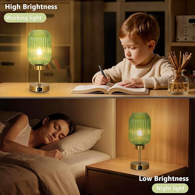 Vintage Table Lamp for Bedroom with Bulb, Small Green Glass Beside Lamp with USB Ports, 3 Way Dimmable Gold Desk Lamp, Mid Century Modern Nightstand Lamp for Living Room, Office, Home Decor