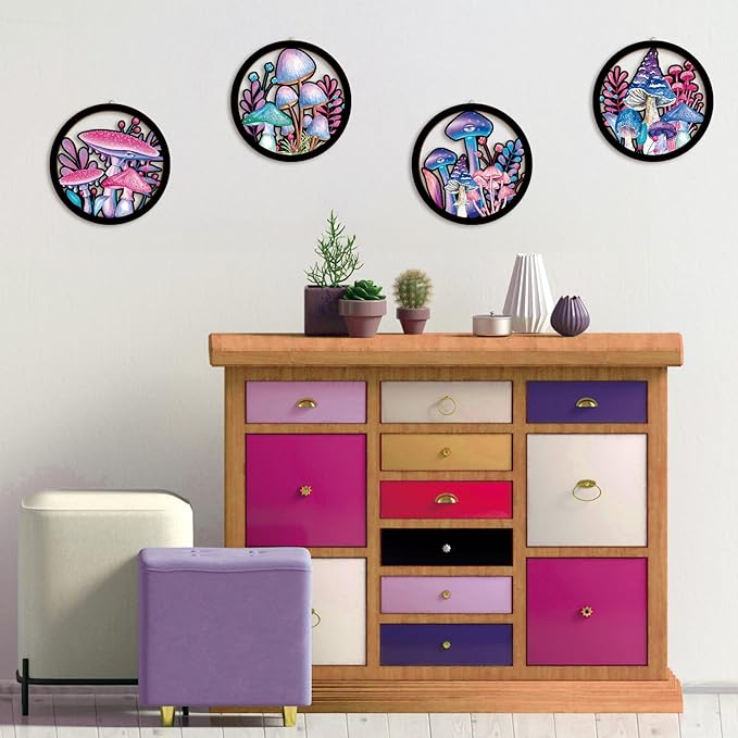 HPNIUB Abstract Whimsical Mushroom Cottage Wall Decor, Watercolor Moody Botanical Plant Moss Hanging Sign, 4 Pieces 10''x10'' Vintage Farmhouse Magical Mushroom Artwork for Bedroom Nursery Home Decor