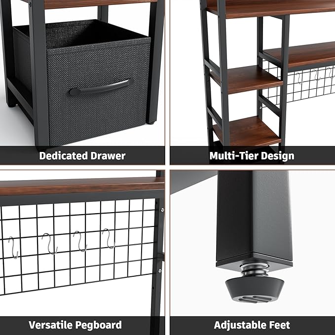 4- Tier Desk Shelf, Wooden Desktop Organizer Shelf with Grid Panels,Home Dormitory Office Computer Desk Bookshelf Storage Rack,Office Desk Bookshelf with a Woven Drawer,Black,38.6" Wide