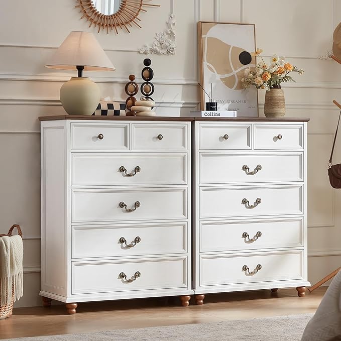 Farmhouse 6 Drawer Dresser Set of 2 for Bedroom, 42" Tall Rustic Chests of Drawers w/ 4 Solid Wood Feet, Mid Century Vintage Wooden Closet Storage Dressers Organizer for Living Room,White