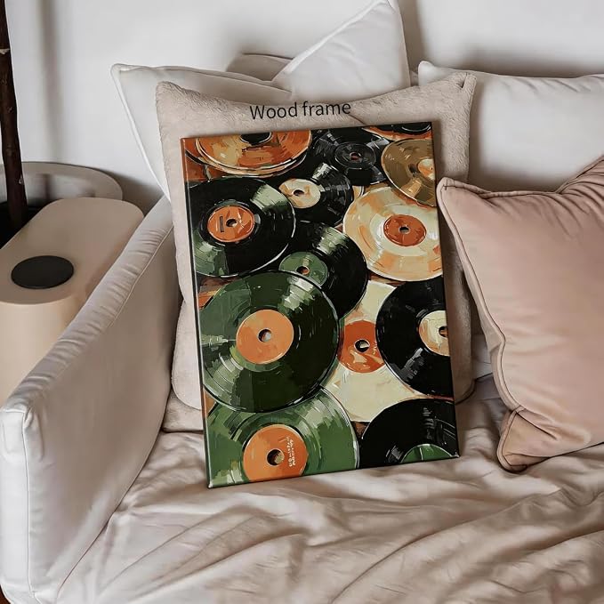Music Vinyl Records Poster Vintage Abstract Mid Century Wall Art Modern Trendy Canvas Aesthetic Prints for Living Room Bedroom Wall Decor 08x10 inch Wood Framed Music Lovers Gifts