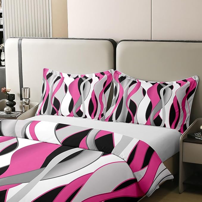 Erosebridal Pink and Black Abstract Bedding Set King Waves Striped Geometric 100% Cotton Duvet Cover Stripes Aesthetic Line Comforter Cover for Kids Teens Adults Contemporary Boho Bed Set 3 Pcs