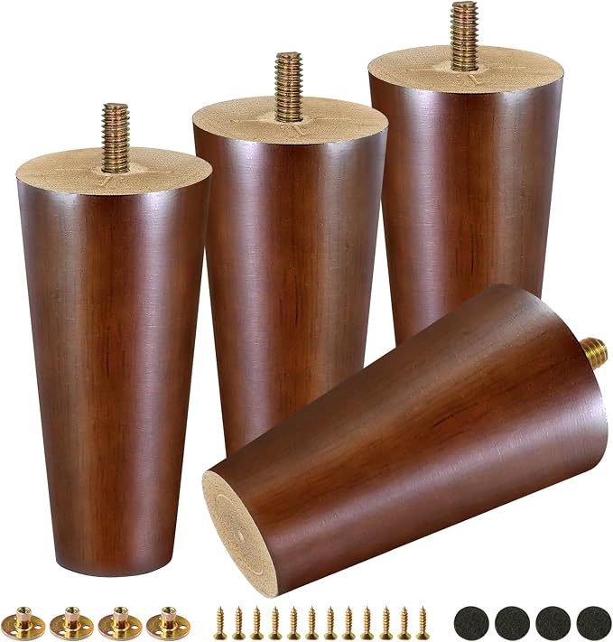 FoDau770 Brown Rubber Wood Furniture Legs 5 Inches, Straight Tapered Wood Feet Mid Century Sofa Legs Set of 4, 5/16" UNC Furniture Feet Replacement Parts for Cabinet Couch Dresser Chair Ottoman Table