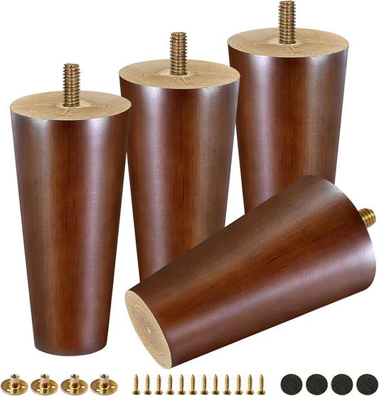 FoDau770 Brown Rubber Wood Furniture Legs 5 Inches, Straight Tapered Wood Feet Mid Century Sofa Legs Set of 4, 5/16" UNC Furniture Feet Replacement Parts for Cabinet Couch Dresser Chair Ottoman Table
