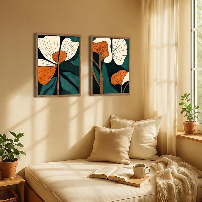 Mid Century Modern Flower Wall Art Vintage Abstract Botanical Wall Decor Painting Set of 2 Boho Dark Floral Poster Canvas Print Pictures for Living Room Bedroom 16x24 inch Wood Framed