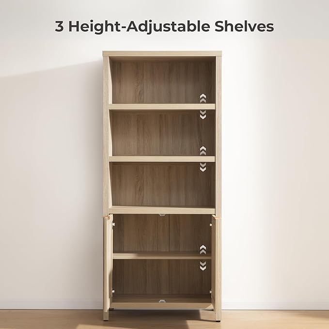 SICOTAS Bookcase 71" Tall Bookshelf 5 Tier Rattan Boho Bookcase with Doors Storage Large Book Case Shelf Farmhouse Bookshelves Library Book Shelves for Living Room Bedroom Home Office Kitchen