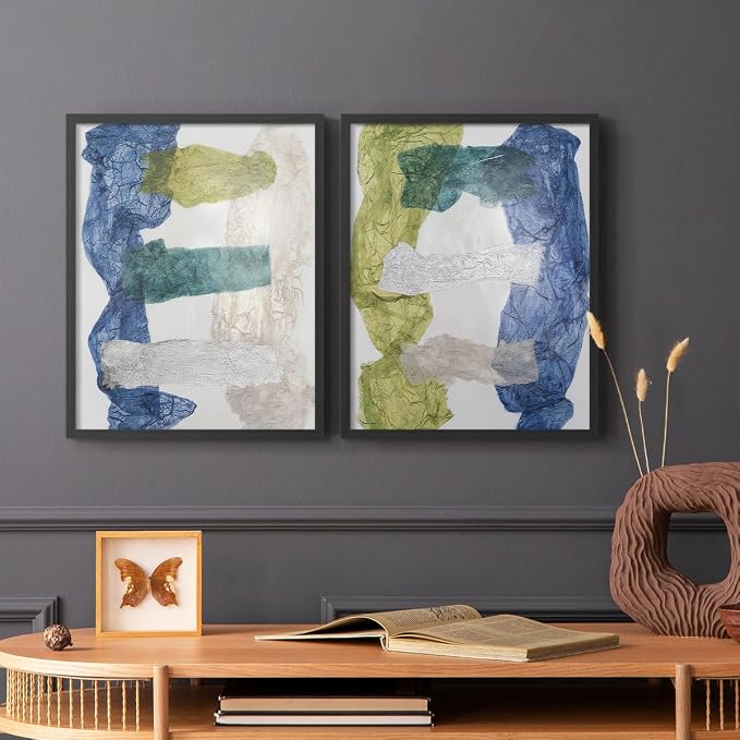 Renditions Gallery Set of 2 Peel & Stick Framed Prints, Elegant Abstract Wall Art, Dyed Cloth Texture Wall Decor, Re-Stickable - Ready to Hang - 16"x20" - Black Frame LT588