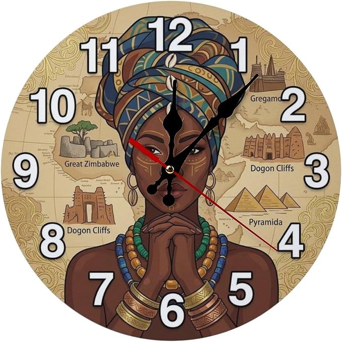 Afrocentric African Map Wooden Wall Clock Silent Non Ticking for Living Room Bedroom Kitchen Office Home Decor Unique Gift 10/12 Inch Frameless