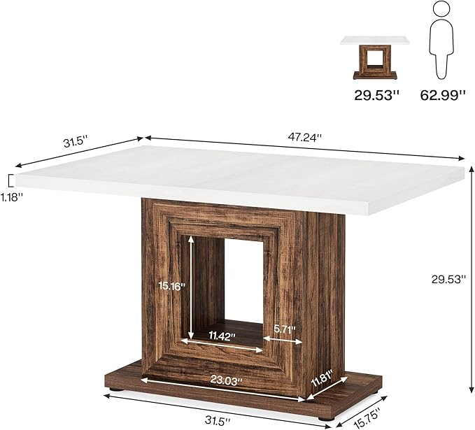 Tribesigns 47-Inch Farmhouse Dining Table for 4, White Kitchen Dinner Table with Heavy Duty Pedestal, Rustic Wooden Eating Table for Home, Dining Room, Small Space, White & Brown