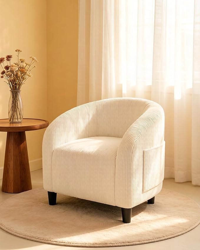 GarveeHome Barrel Accent Chair Corduroy Club Chair Elegant Armchair Cozy Backrest for Living Room Bedroom Reception Room Office - Beige