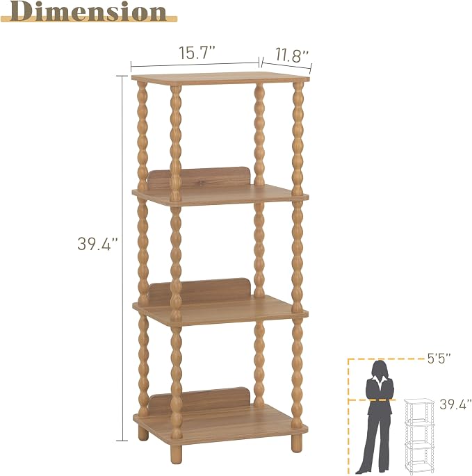 Fultyle Bookshelf, 4-Tier Bookcase with Open Shelves, Vintage Book Shelf for Small Spaces, Bedroom, Living Room and Office with Solid Wood Legs (Caramel Tan)
