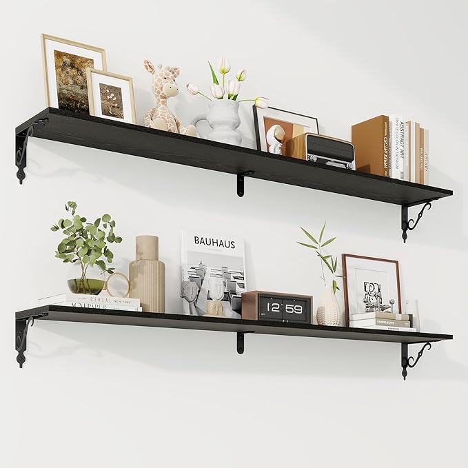 RICHFOCUS Floating Shelves for Wall Decor, 55.1W x 8D Shelves Set of 2, 8 Inch Deep Rustic Wood Shelves Wall Mounted with Brackets, Long Floating Shelves for Living Room Bedroom Kitchen, Black