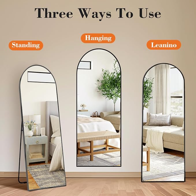 OLIXIS Black Arched Full Length Mirror 60"x16" for Bedroom, Full Body Mirror with Stand, Hanging or Leaning for Wall, Aluminum Alloy Thin Frame Floor Standing for Living Room