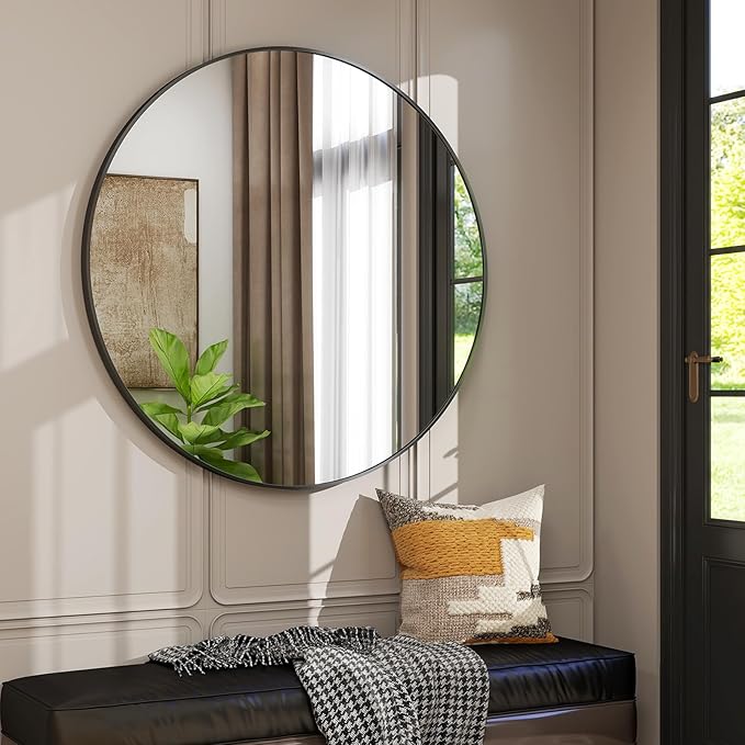 48 Inch Round Bathroom Mirror - Black Wall Mounted Circle Mirror with Metal Frame, Modern Round Hanging Mirror Suitable for Bathroom, Vanity, Entryway, Living Room