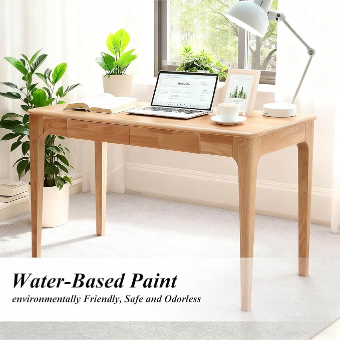 Solid Wood Desk,47" Oak Wooden Desk with Drawers,Mid Century Modern Small Computer Desk with Drawers for Small Spaces Home Office Solid Wood Writing Desk (Wood Color-2, 47")