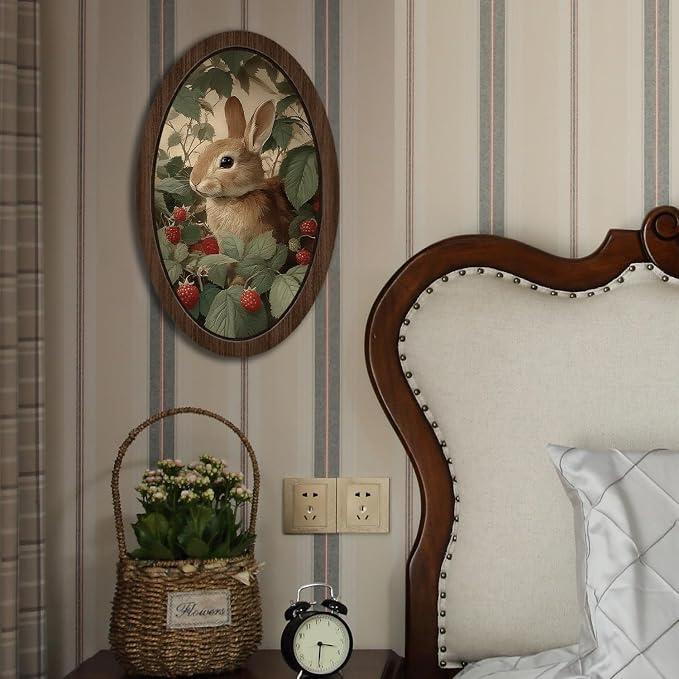 UYIKG Vintage Rabbit Wall Art Decor,Cute Bunny Oval Wall Decor,Rustic Cottagecore Animal Botanical Oval Wooden Framed Decorations for Nursery Kids Room Bedroom Living Room 9x14.6 in