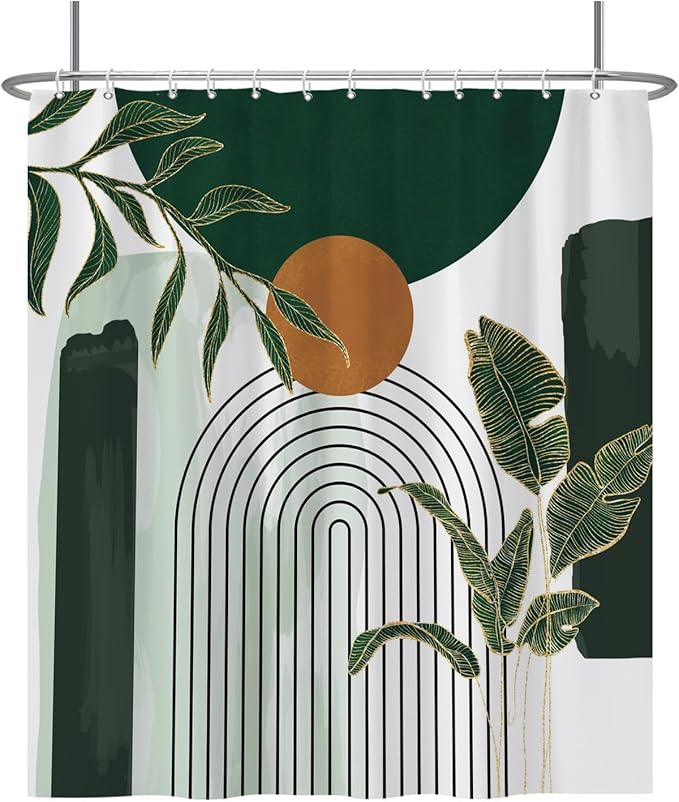 Baocicoo Abstract Mid Century Shower Curtain - Bohemian Tropical Leaf Modern Minimalist Design for Bathroom - Green Bath Accessory Art Decor Fabric With Hooks 72x78 Inches
