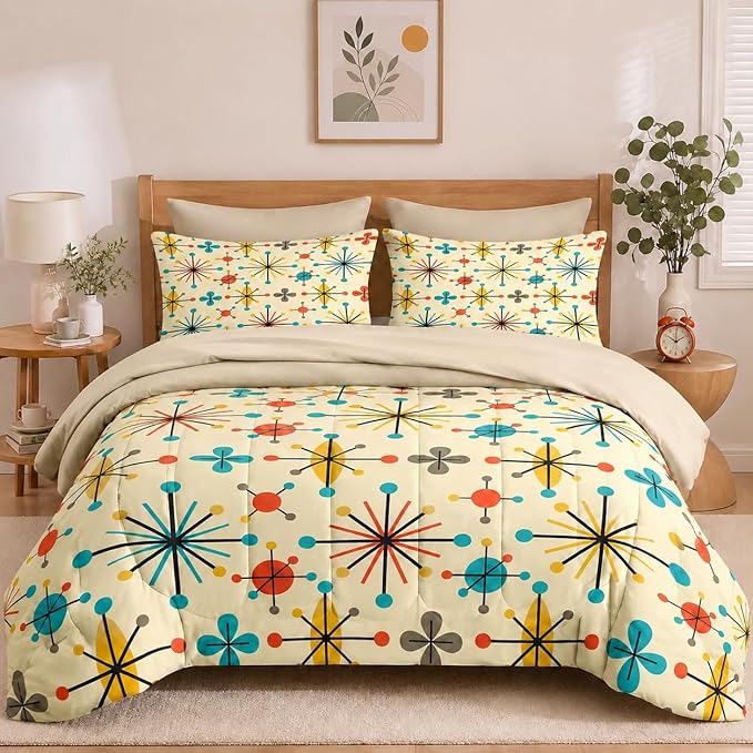 WeCozy 7 Pcs Queen Size Comforter Set with 2 Pillowcases & 2 Shams, Retro Mid Century Atomic Bedding for Kids and Adults, 50S Vintage Geometric Bed in a Bag with Flat Fitted Sheet