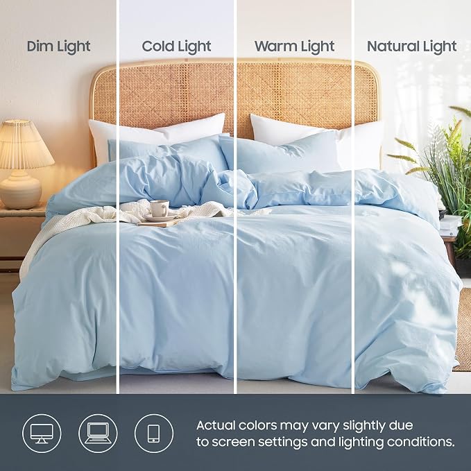 Wake In Cloud - Cotton Duvet Cover Set, 100% Washed Cotton, Linen Like Textured, Breathable Durable Comfy Farmhouse Neutral Bedding Set, 3 Pieces, Sky Blue, Queen Size