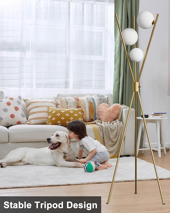 Lightdot Globe Modern Floor Lamp Stepless Dimmable Gold Tripod Standing Lamps with 3PCS 3000K Bulbs Included Stable Based Mid Century Modern Floor Lamp for Living Room/Bedroom/Sofa Beside/Corner Decor