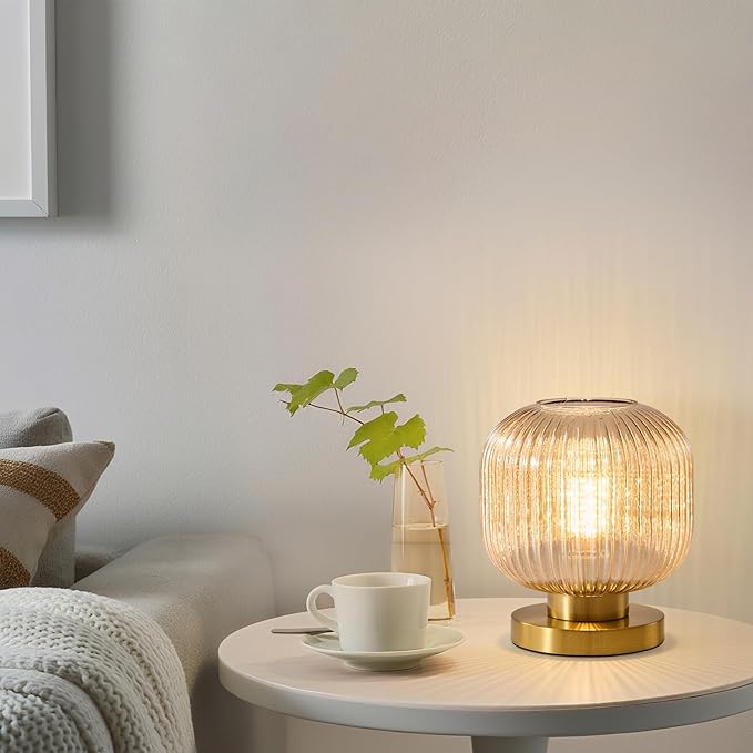 Small Amber Glass Table Lamp: Mid Century Modern Dimmable Nightstand Lamps - Vintage Decor Brass Desk Lamp With Plug - Ribbed Glass Bedside Tables Lamps for Bedroom Living Room Office Bulb Excluded