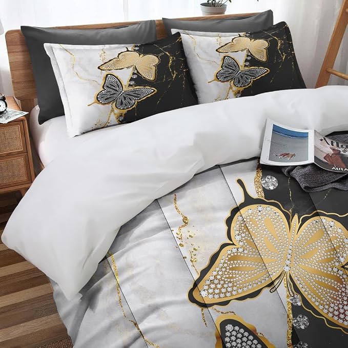 Marble Black Gold King Comforter Set, Butterfly Crystal Diamond Silver Bedding Set 3 Piece, All Season Soft Toddlers Children Adults Bedroom Bed Decoration Comforter and 2 Pillow Shams