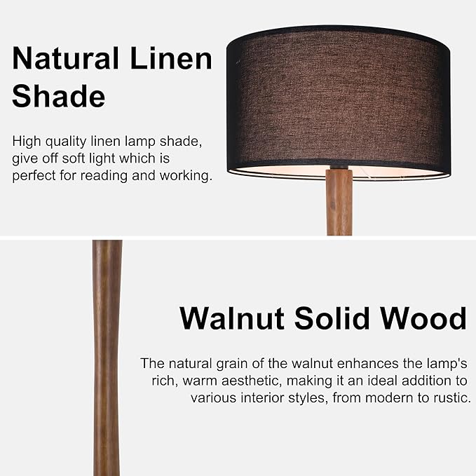 62" Tall Rustic Wood Floor Lamp for Living Room, Farmhouse Walnut Wood Floor Lamps with Linen Shade, UL Listed Standing Lamps with Wooden Base for Bedroom, Dining Room, House, Black Shade