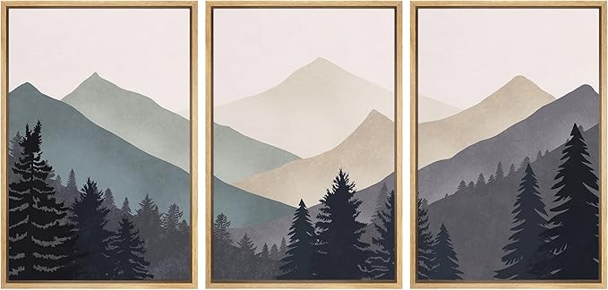 wall26 Framed Canvas Print Wall Art Set Woodland Nursery Decor Blue Gray Duotone Mountain Forest Abstract Nature Nordic Decorative Minimal Boho for Living Room, Bedroom, Office - 16"x24"x3 Natural