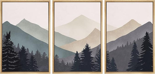 wall26 Framed Canvas Print Wall Art Set Woodland Nursery Decor Blue Gray Duotone Mountain Forest Abstract Nature Nordic Decorative Minimal Boho for Living Room, Bedroom, Office - 24"x36"x3 Natural