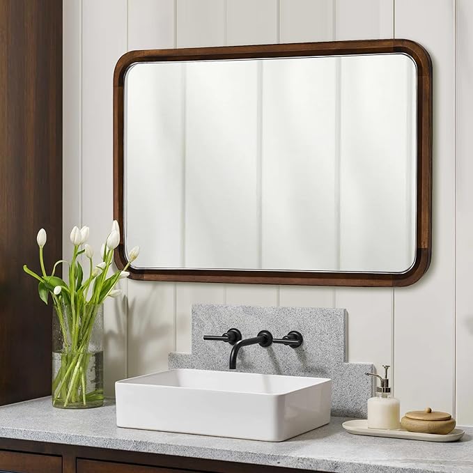 Wood Bathroom Mirror for Wall,Rectangle 24 x 36 inch Hanging Vanity Brown Tempered Mirrors with Rounded Corner for Living Room,Bedroom,Entryway (Walnut, 24x36 Inch)