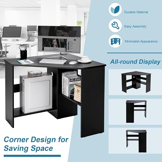 LDAILY Corner Desk, Space Saving 90 Degree Triangle Computer Desk with Storage Shelves & Cable Holes, Wood Compact Corner Writing Table for Small Spaces, Home Office, Bedroom & Living Room, Black