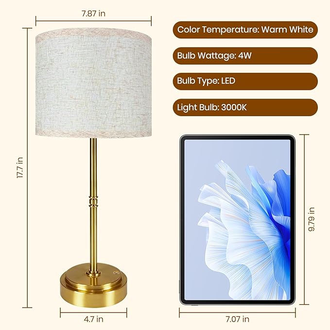 17.7-Inch Tall Cordless Table Lamps Set of 2, 7500mAh Long-Lasting Battery Operated Lights, Stepless Dimmable 3000K Warm Desk Lamps with Easy-Assembly DIY Fabric Shades for Bedroom and Nightstand
