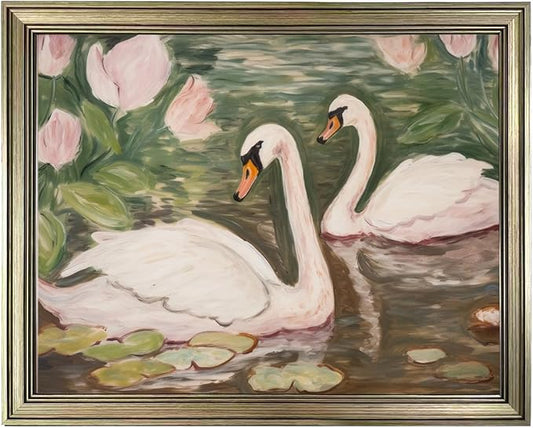 Vintage Framed Swan Decor Wall Art Pink and Green Girls Room Decor Girly Office Canvas Print Painting