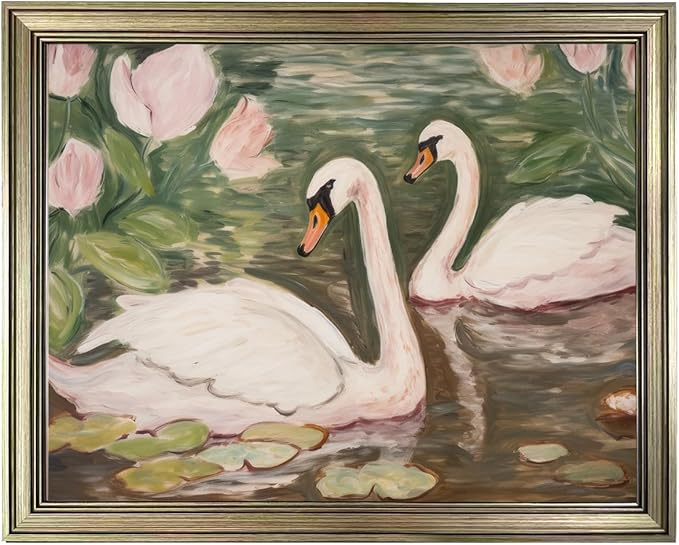 Vintage Framed Swan Wall Art Pink and Green Girls Room Decor Girly Office Canvas Print Painting Home Artwork