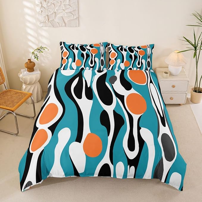 Erosebridal Mid Century Modern Abstract Duvet Cover Set Vintage Geometric Queen Bedding Set for Toddler Boys Contemporary Organic Shapes Comforter Cover Squiggle Blob Bed Sets,Teal Orange
