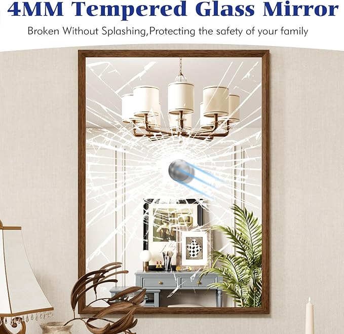 Rectangle Walnut Bathroom Mirror 28x36 Inch, Anti-Rust 4MM Tempered Glass, Modern Vanity Mirror for Bathroom, Horizontal or Vertical Wall Mount